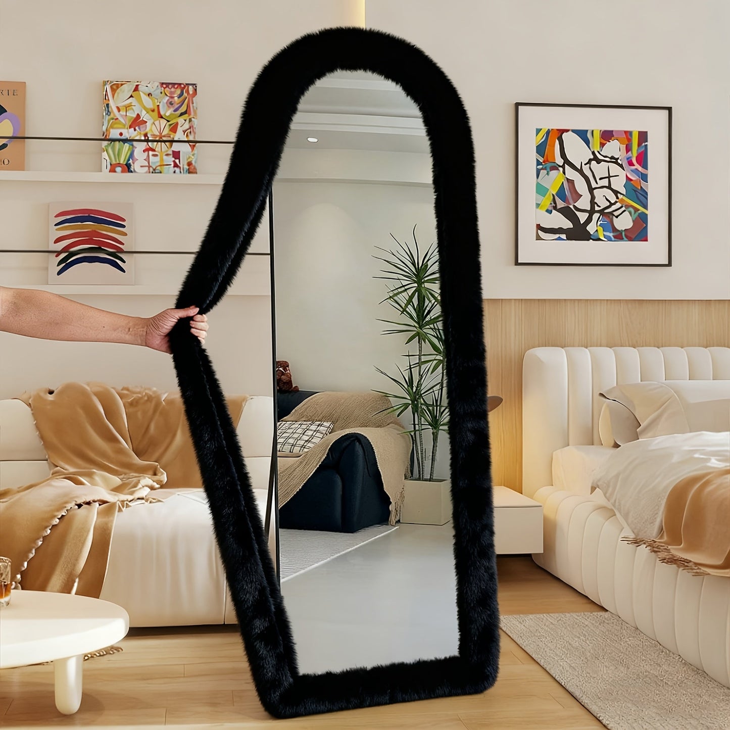 Full Length Floor Mirror Cover Fluffy Stretchable 64"x21" – Soft Non-Slip Irregular Shape Bedroom Dressing Room Mirror Sleeve 6 Colors