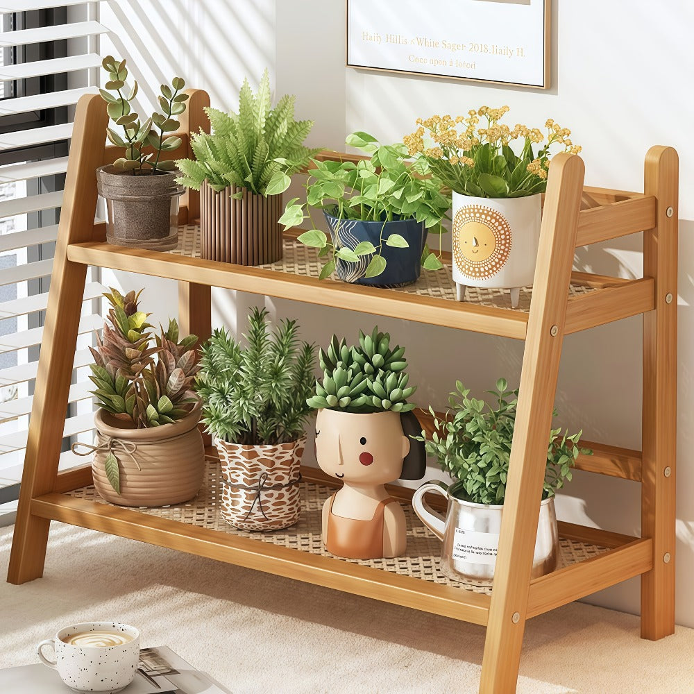 Bamboo Countertop Shelf Organizer 2-Tier – Trapezoidal Wooden Storage Rack for Kitchen Office Bedroom and Desk