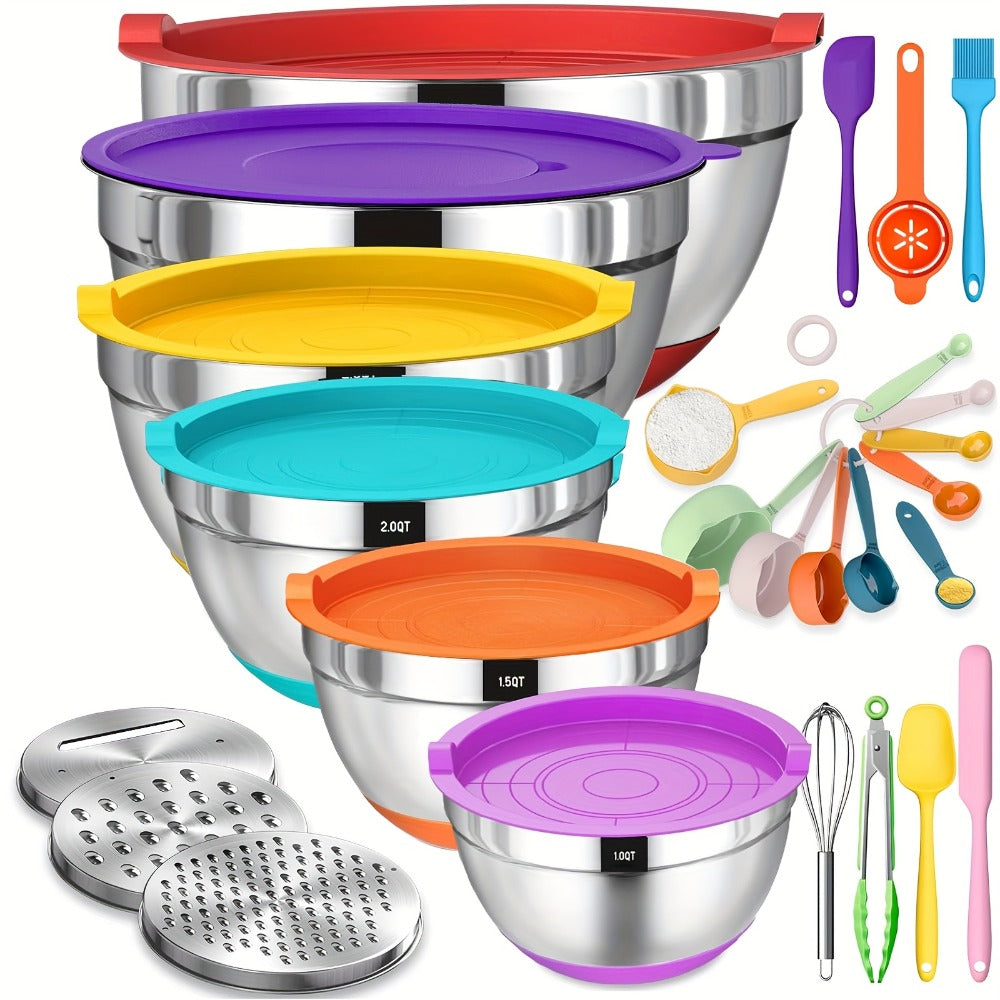 Mixing Bowls Set with Airtight Lids, 26pcs Stainless Steel Bowl Set with 3 Grater Attachments, Bottoms