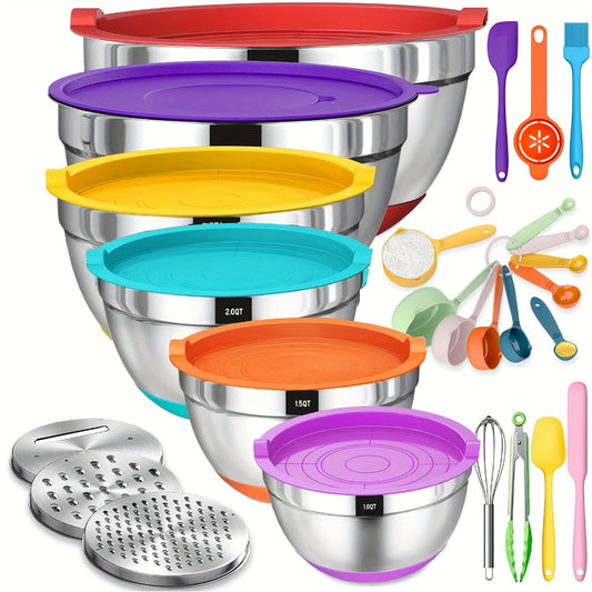 Mixing Bowls Set with Airtight Lids, 26pcs Stainless Steel Bowl Set with 3 Grater Attachments, Bottoms