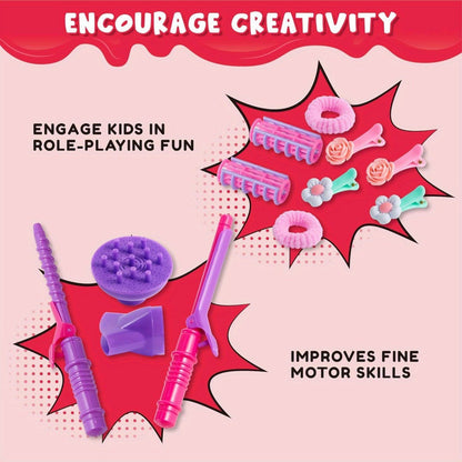 Girls Beauty Salon Toy Set 17 PCS, Pretend Play Hair Stylist Kit with Working Hairdryer Mirror Curling Wands Combs Clips & Jewelry Box