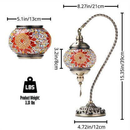 Table Lamp with Swan-Neck Mosaic Glass Shade, Metal Base, Six Color Options and Three White-Light Modes