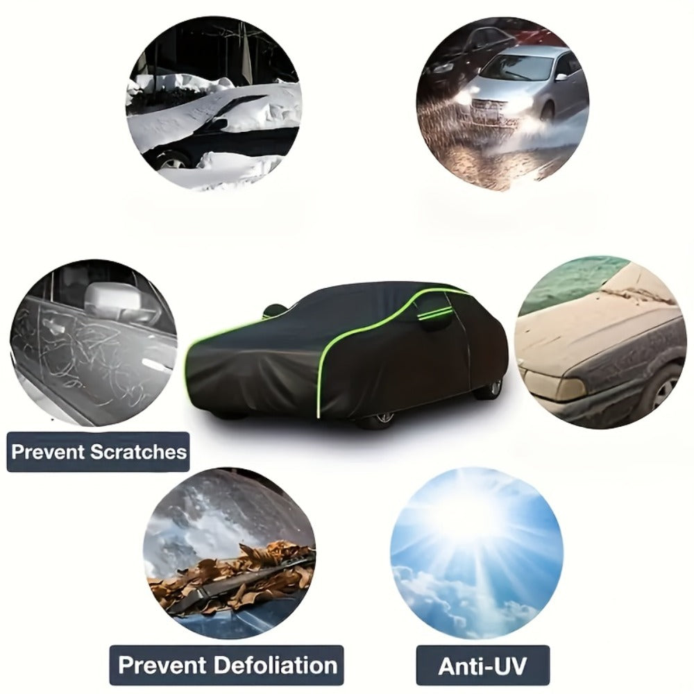 Black Full Car Cover with Green Reflective Trim in Six Sedan or SUV Sizes from 490 x 180 x 150 to 540 x 200 x 185 cm