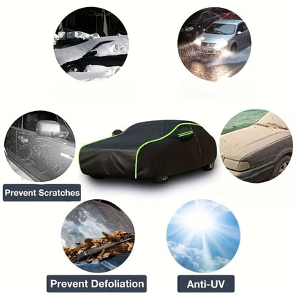 Black Full Car Cover with Green Reflective Trim in Six Sedan or SUV Sizes from 490 x 180 x 150 to 540 x 200 x 185 cm