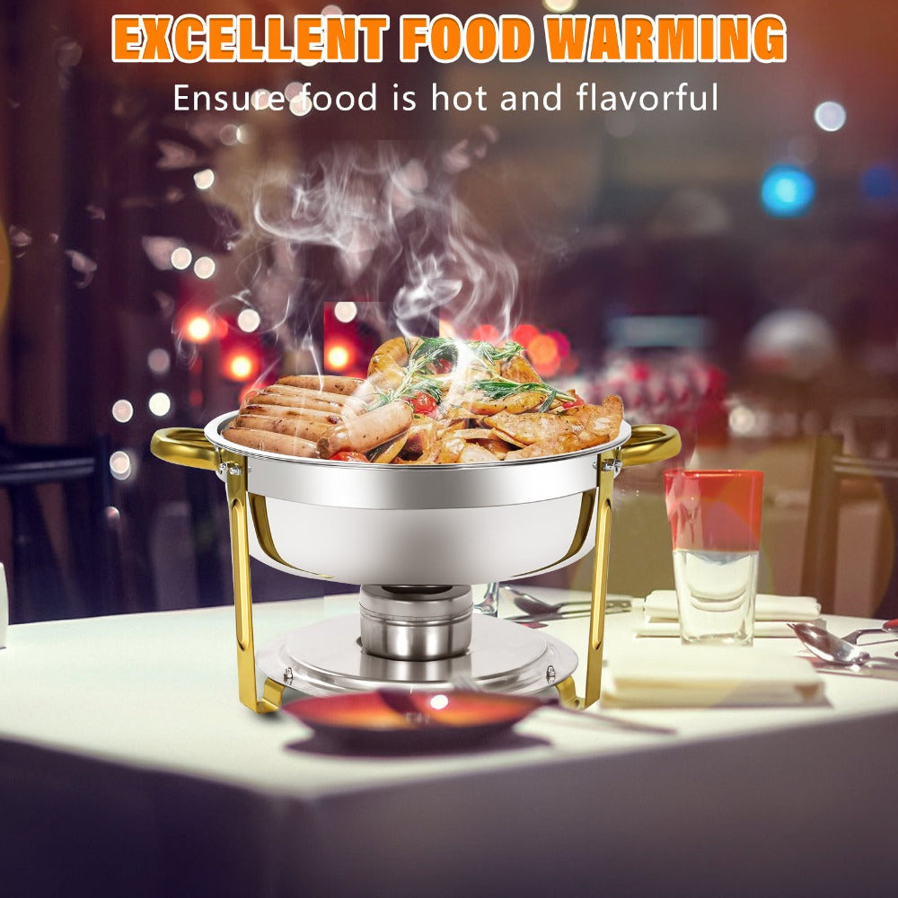 Golden Chafing Dish Buffet Set with Glass Lid 6QT Round Stainless Steel Food Warmer Chafer for Catering Party Dinners Weddings