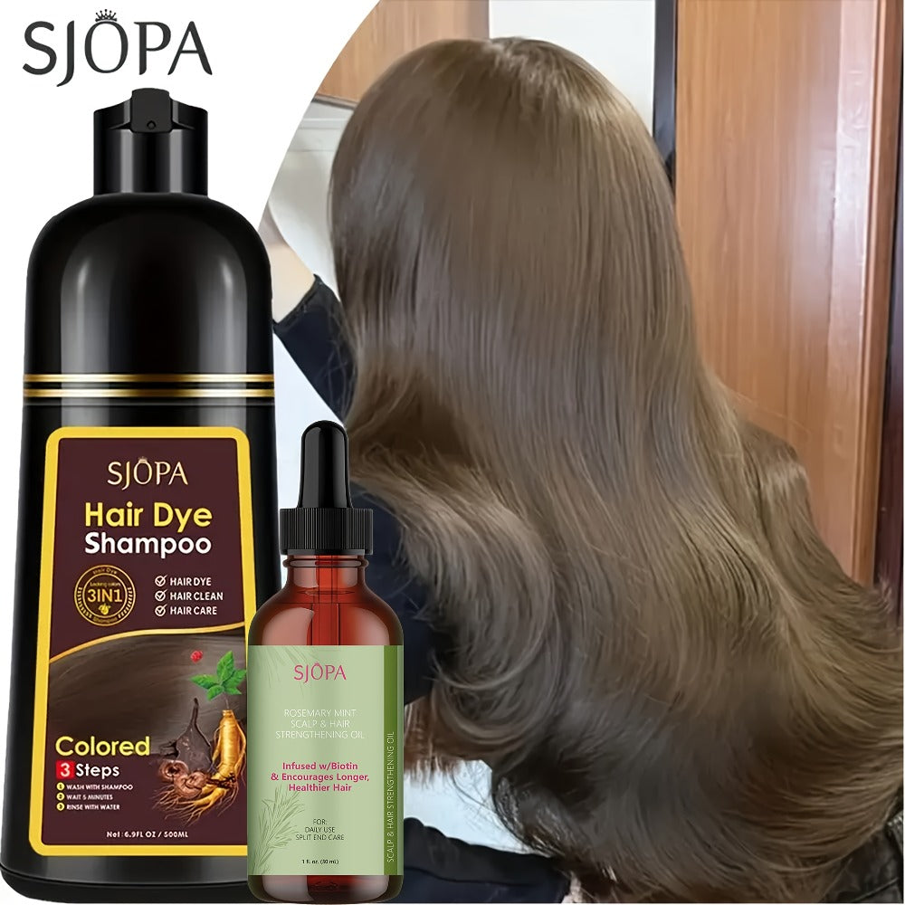 Hair Dye Shampoo, SJOPA 500ml Bottle and Rosemary Hair Oil Set with Seven Color Options for At-Home Color Selection