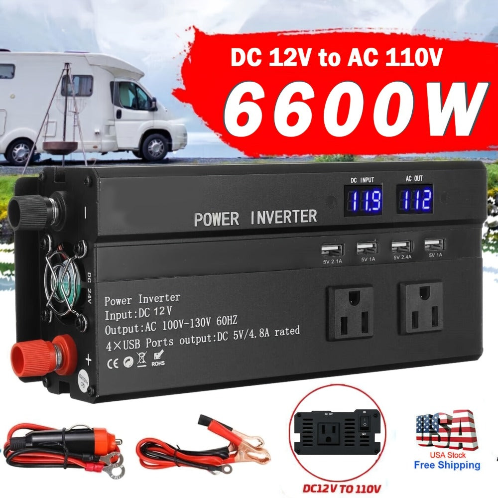 Portable 12V DC to 110V AC Power Inverter with LCD Display, Cooling Fan and 6600W Checkout Label