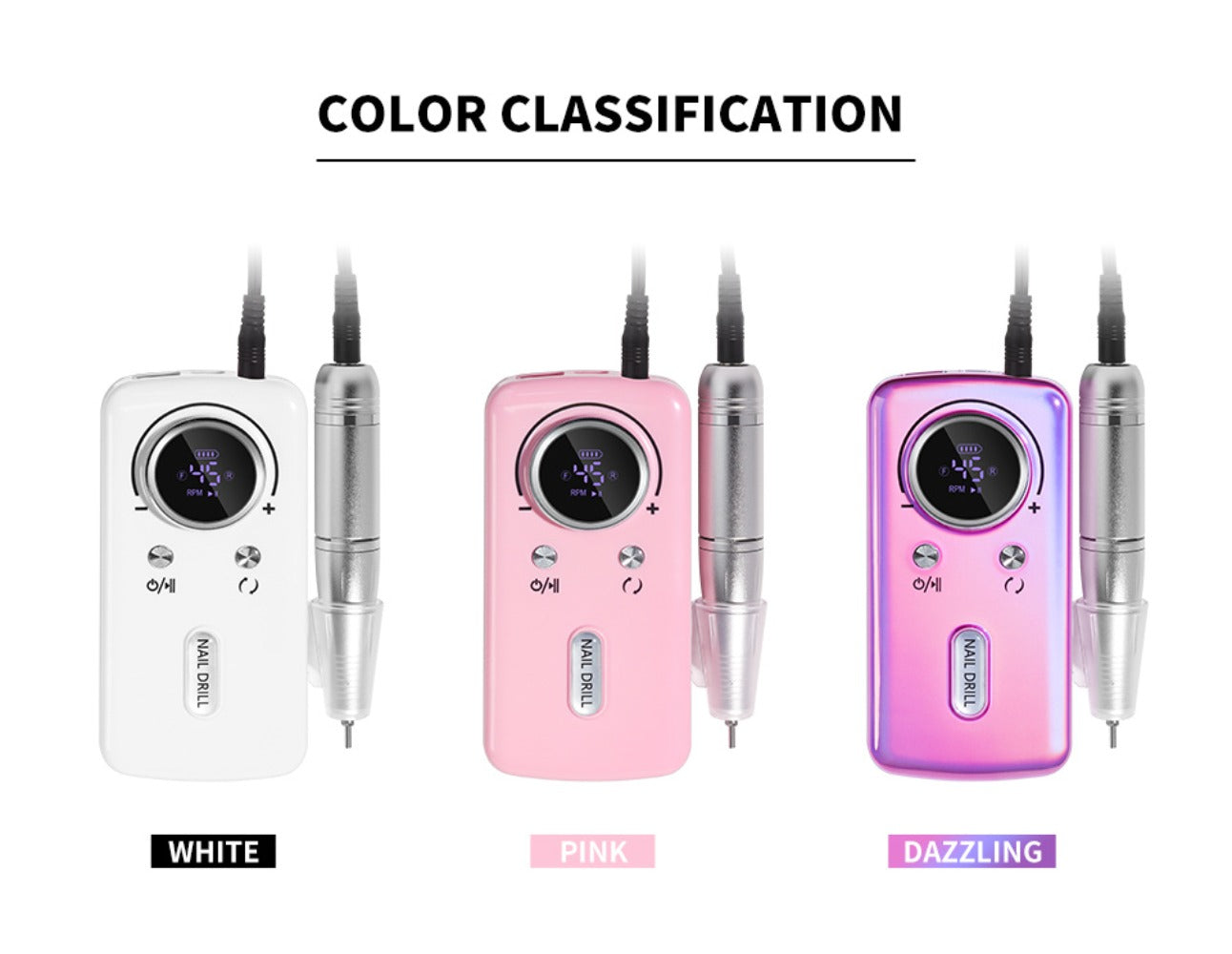 Cordless 45000 RPM Nail Drill Kit with Rechargeable 1800mAh Battery, USB-C Charging and Three Color Options