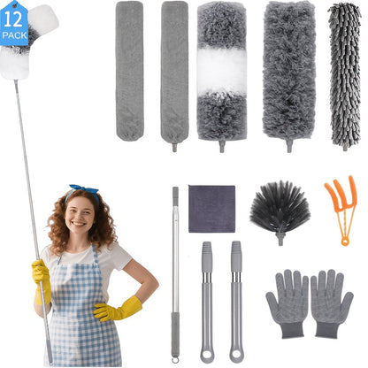 Microfiber Duster Kit with 100 Inch Extension Pole Extendable Bendable Feather Duster for Entryways, Bedrooms and Living Spaces