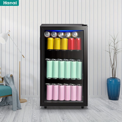 Beverage Refrigerator with Glass Door, Mini Drink Cooler Fridge with Blue LED Light, 3 Adjustable Shelves & R600a Compressor