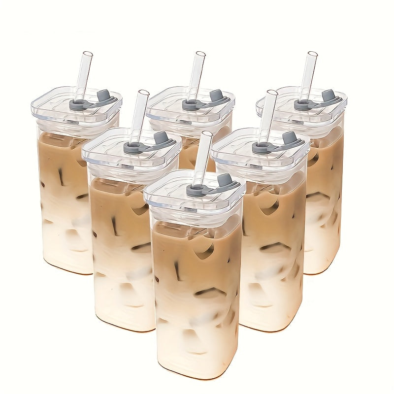 Square Glass Cup Drinkware Set, 13oz Clear Cups with Lids, Straws and Cleaning Brush in 4, 6 or 8 Pieces