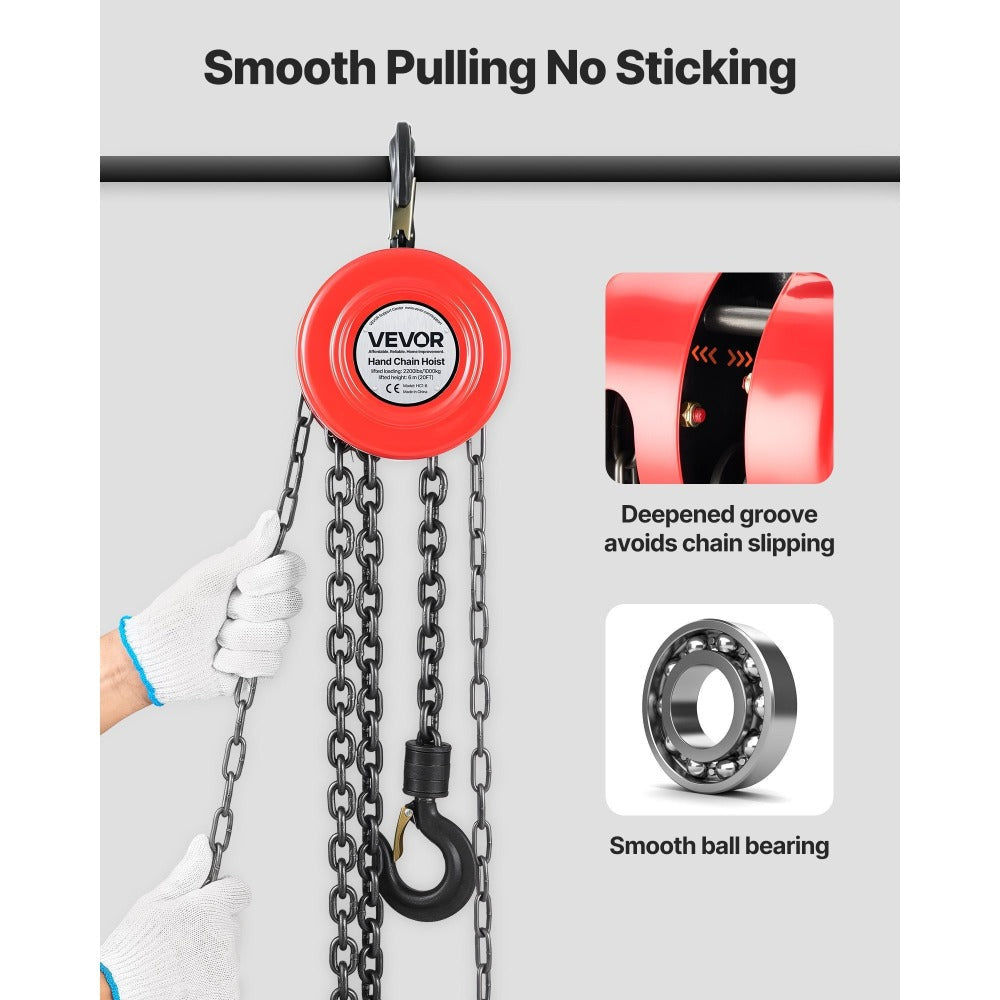 Hand Chain Hoist / Manual Chain Block with G70 Chain, 8 ft / 10 ft / 20 ft Lift Height, 360° Rotating Hooks