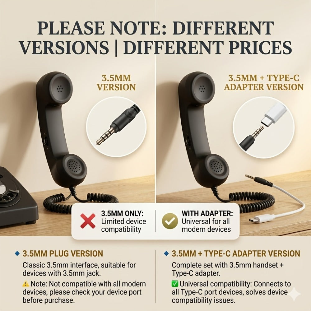 Retro Phone Handset for Smartphone Tablet & Computer, Hands-Free Calling, Volume Control, Clear Sound