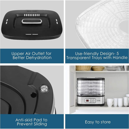 Food Dehydrator Machine 5 Tray 240W LED Digital Touchscreen Adjustable Temperature 95-158F for Entryways, Bedrooms and Living Spaces