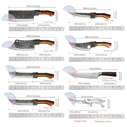 Kitchen Knife Set 8-Piece 5Cr15MoV Stainless Steel with Hammered Blades, Wood-Style Handles and Shears Options