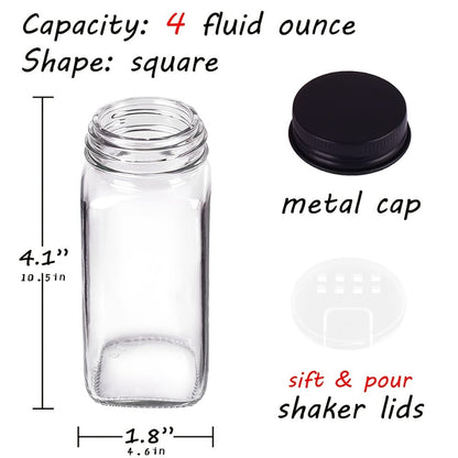 Glass Spice Jars with Labels 24 Pack – Square Empty Spice Containers with Shaker Lids for Home Cooking, Dining and Outdoor Meals