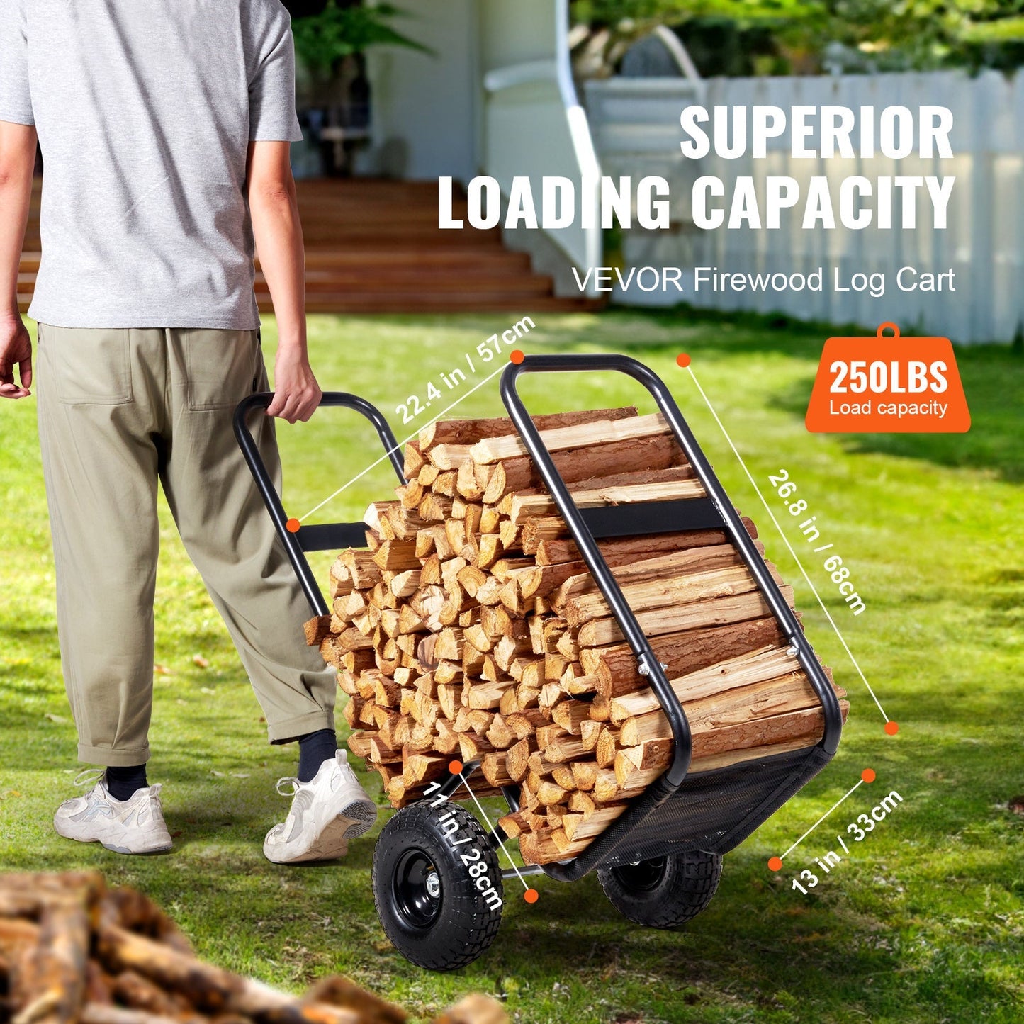 Firewood Log Cart, Carbon Steel Wood Carrier with Pneumatic Rubber Wheels for Garden, Patio and Yard Use