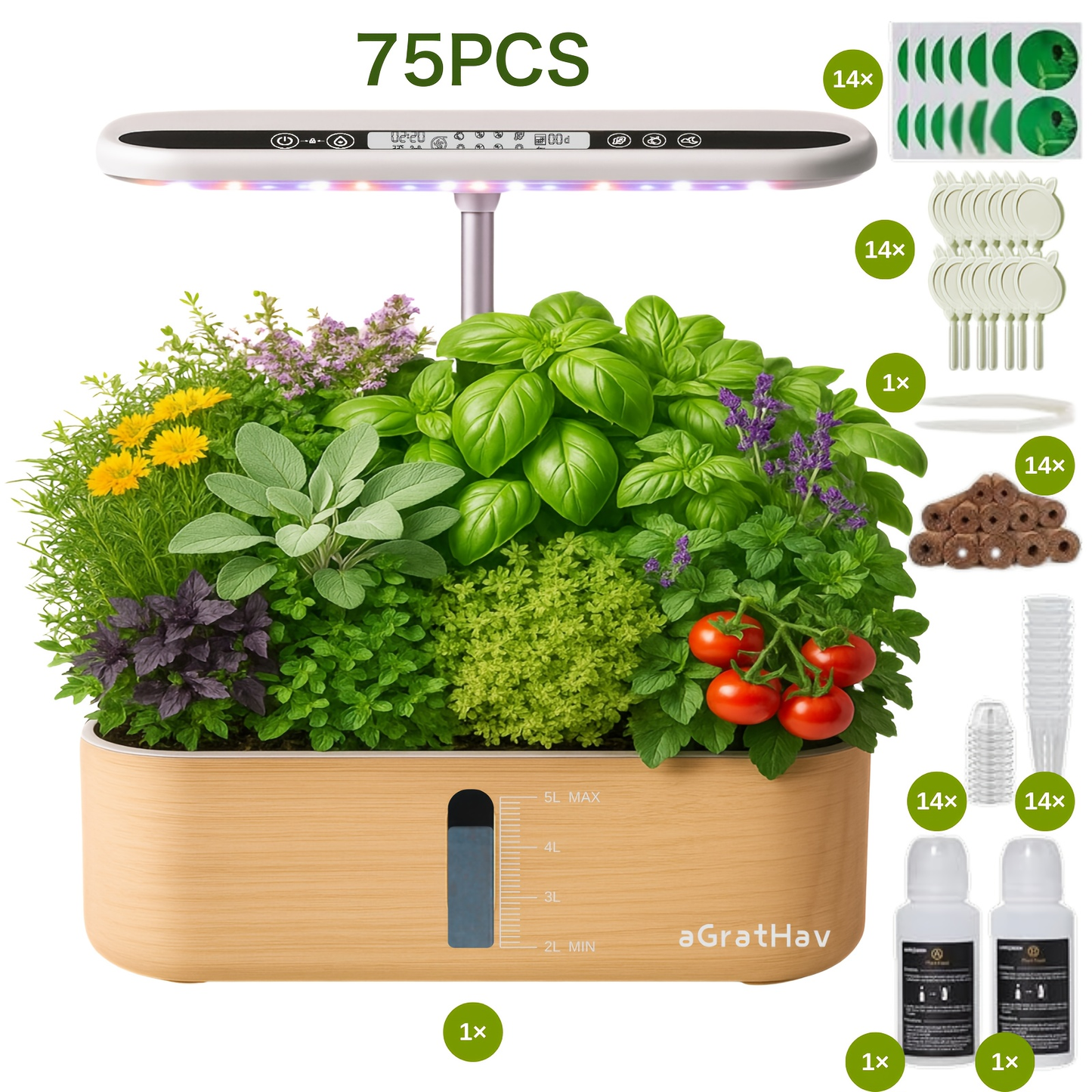 Hydroponic Garden Kit 14-Pod with LED Grow Light – Smart Timer, Quiet Pump & 1.32 Gal Tank, 75-Piece Indoor Herb Garden System