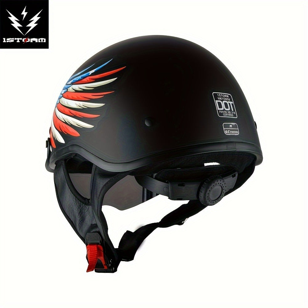 Motorcycle Helmet 1STORM Half-Shell with Retractable Smoked Visor, Five Graphic Styles, S-XL Sizes and Quick-Release Strap