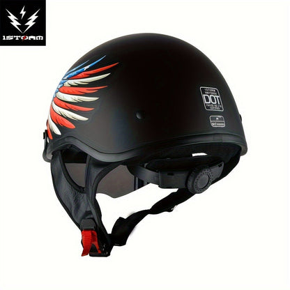 Motorcycle Helmet 1STORM Half-Shell with Retractable Smoked Visor, Five Graphic Styles, S-XL Sizes and Quick-Release Strap