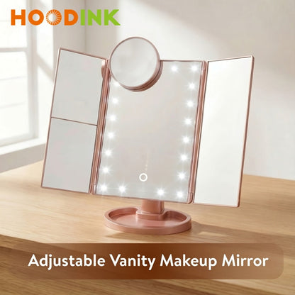Vanity Mirror with Lights Tri-Fold 21 LED Lighted Makeup Mirror Touch Control 1X 2X 3X 10X Magnification 360 Rotation Dual Power Tabletop