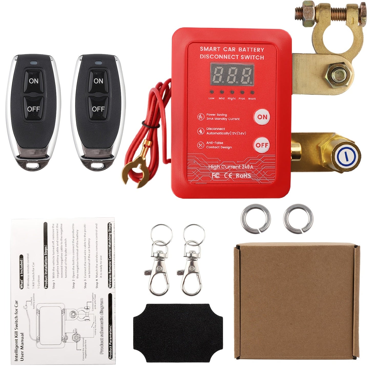 Remote Battery Disconnect Switch 240A 12V/24V – Wireless Kill Switch with Digital Display & Auto Power Shut-Off for Car, Truck, Boat