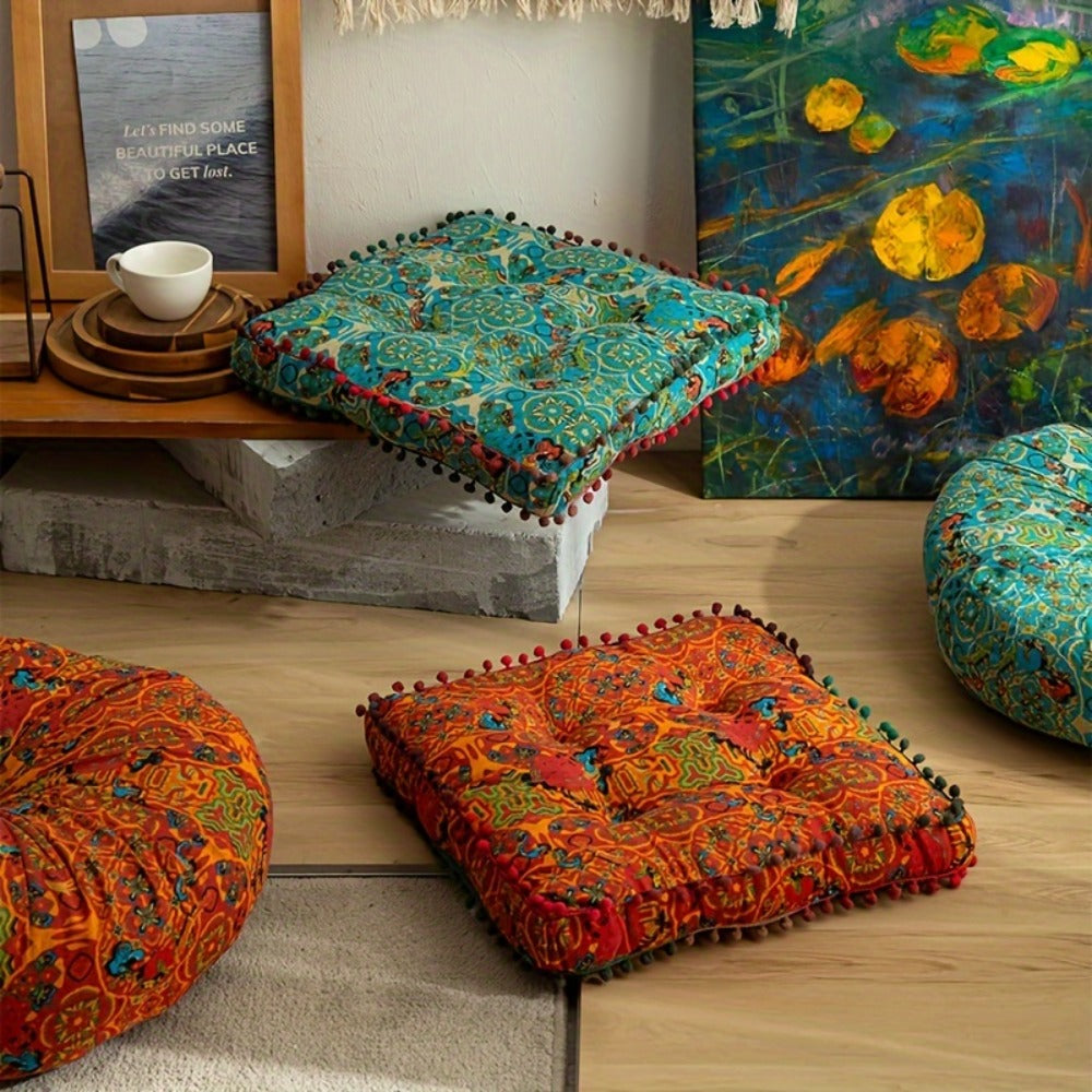 Moroccan Boho Chair Cushion Seat Pad with Cover Fiberfill Stuffed Bohemian Floor Cushion for Entryways, Bedrooms and Living Spaces