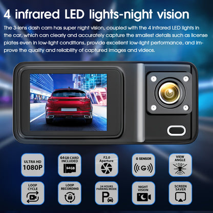 Three-Channel Dash Camera Kit with Front, Cabin and Rear Cameras plus Pictured 64 GB Card Pictured