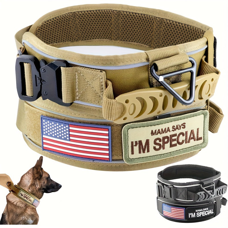 Wide Tactical Dog Collar with Padded Grab Handle, Reflective Stitching, Two Patches and M–XL Sizing