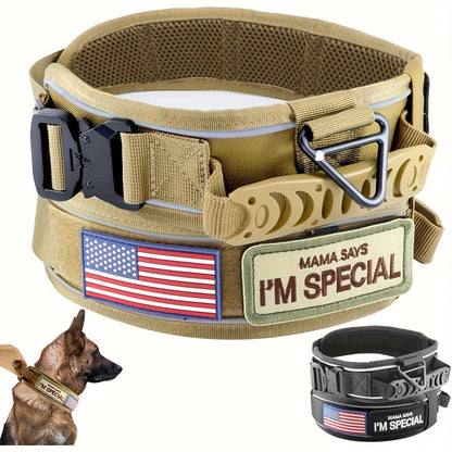 Wide Tactical Dog Collar with Padded Grab Handle, Reflective Stitching, Two Patches and M–XL Sizing