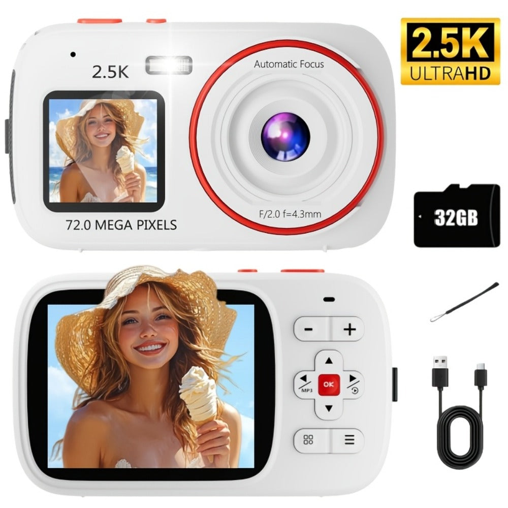 Digital Camera 2.5K Dual-Screen Compact with 72MP Capture Marking, Autofocus, Included 32GB Card and Four Colors
