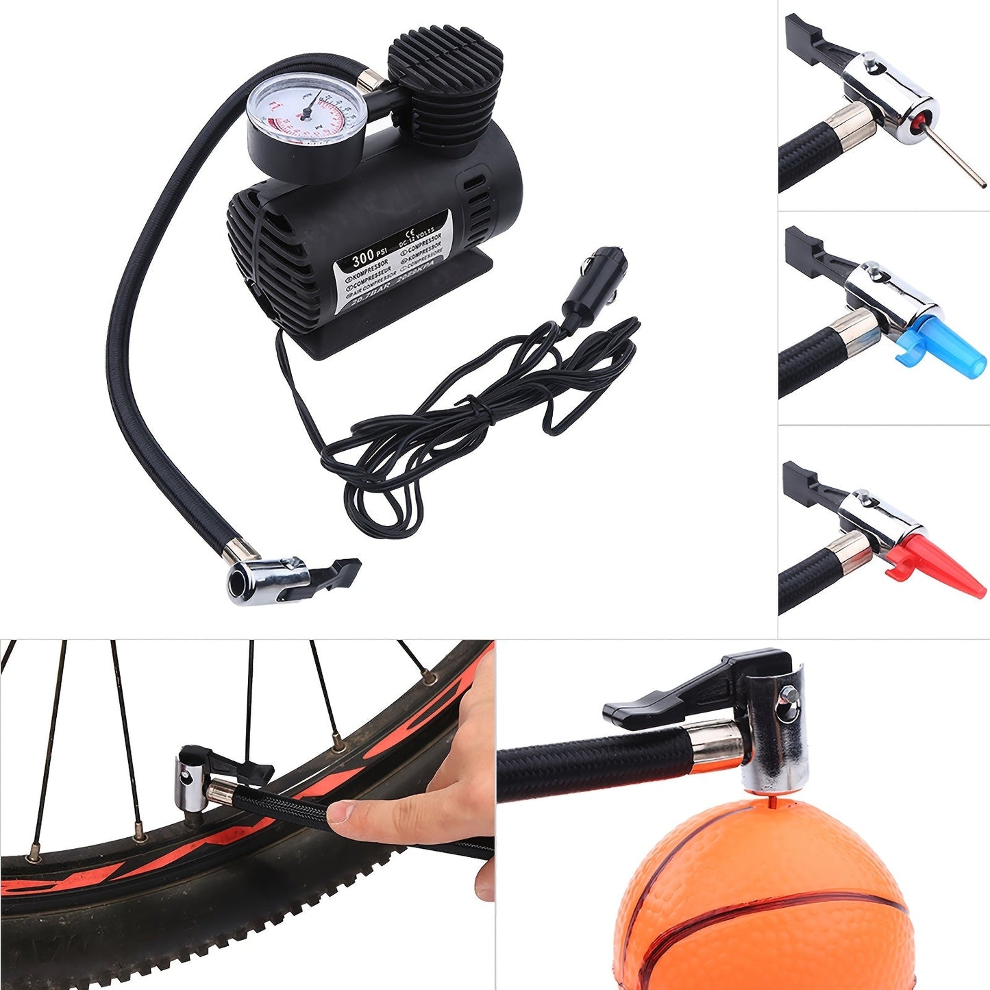 Portable Mini Air Compressor 12V 300PSI – Multi-Use Inflator Pump for Car Tires, Bikes, Balls & Inflatables