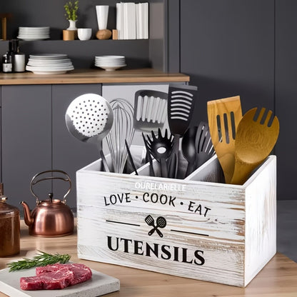 Wooden Cutlery Storage Box with Grid Compartments Chopstick Organizer Rack with Metal for Home Cooking, Dining and Outdoor Meals