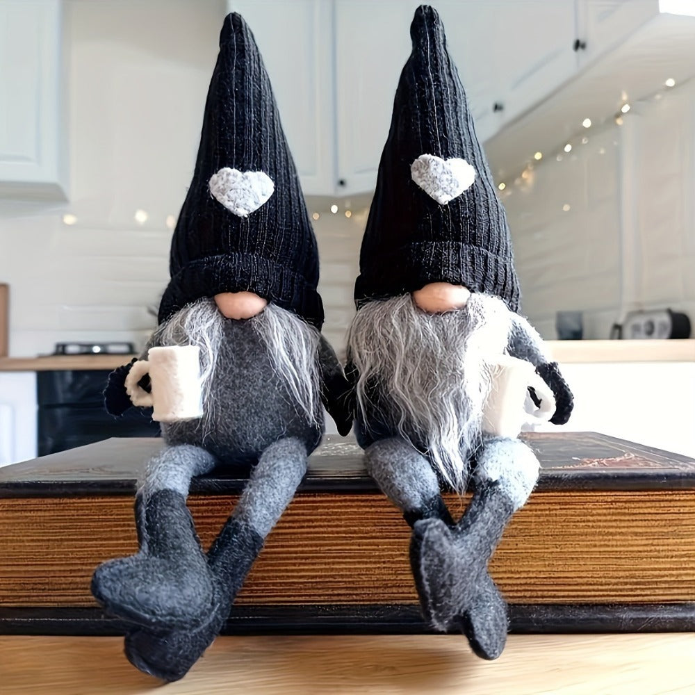 Sitting Gnome Figurine Set of Two with Long Heart-Accent Hats in Black, Khaki or Red Style Options