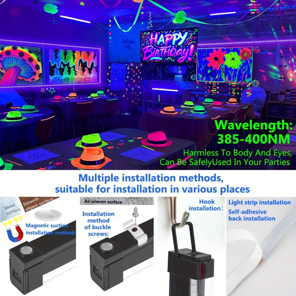 UV Black Light Bars & Strips 8-Piece Set, 385-400nm USB Powered 5V LED Blacklight for Glow Party