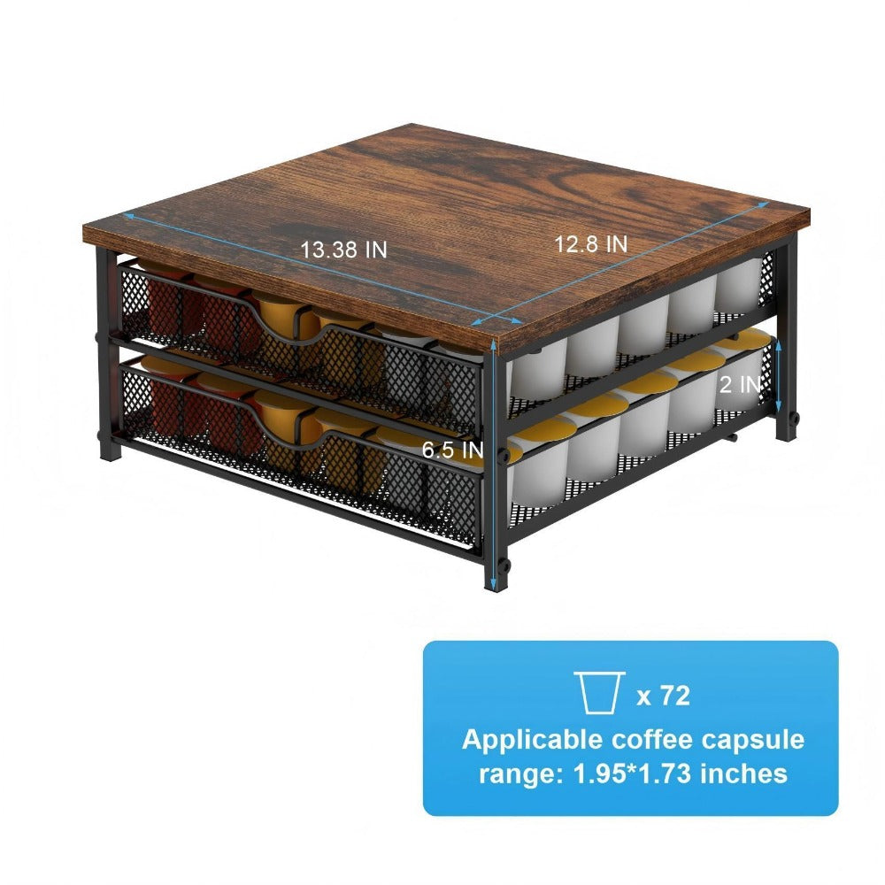 K-Cup Coffee Pod Holder 72 Capacity – 2-Tier Sliding Drawer Coffee Pod Organizer with Wood Top & Metal Frame, Non-Slip Base
