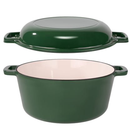 6QT Enameled Cast Iron Dutch Oven with Reversible 2QT Skillet-Style Lid and Four Color Options