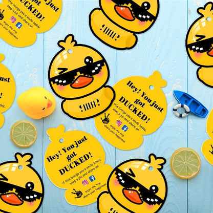 Duck Duck Ducked Party Game Cards 50 Pack, Printed Yellow Duck Tags with Round Hole & Rubber Bands