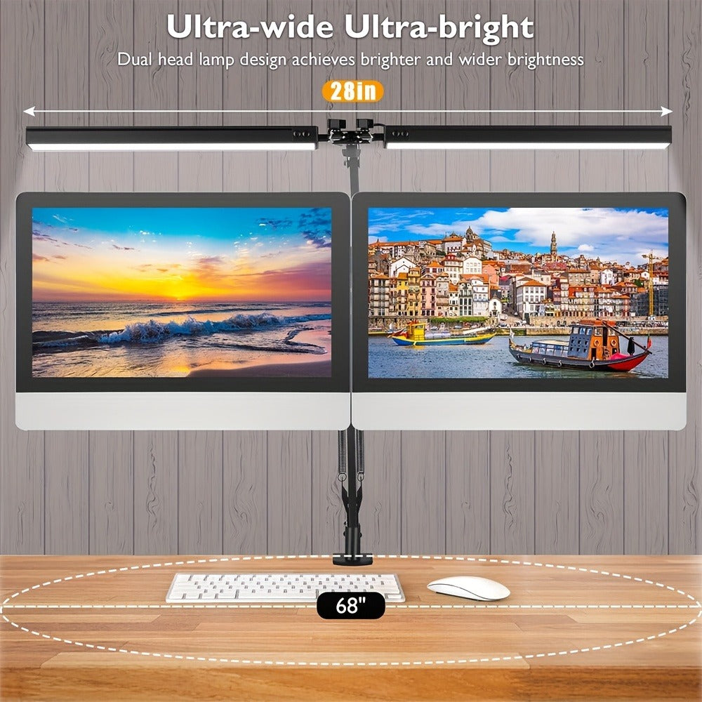 Dual-Head LED Desk Lamp with 28-Inch Light Bars, Clamp Base, USB Controller and Three Color Modes