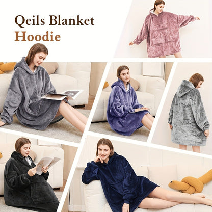 Reversible Hooded Wearable Blanket – Double-Sided Coral Fleece Suede Hoodie with Kangaroo Pocket, Machine Washable, 6 Colors