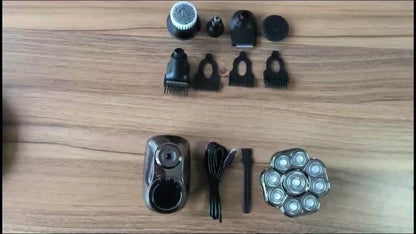 Nine-Head Rotary Electric Shaver Kit with Four Grooming Attachments, LED Display and Silver Finish