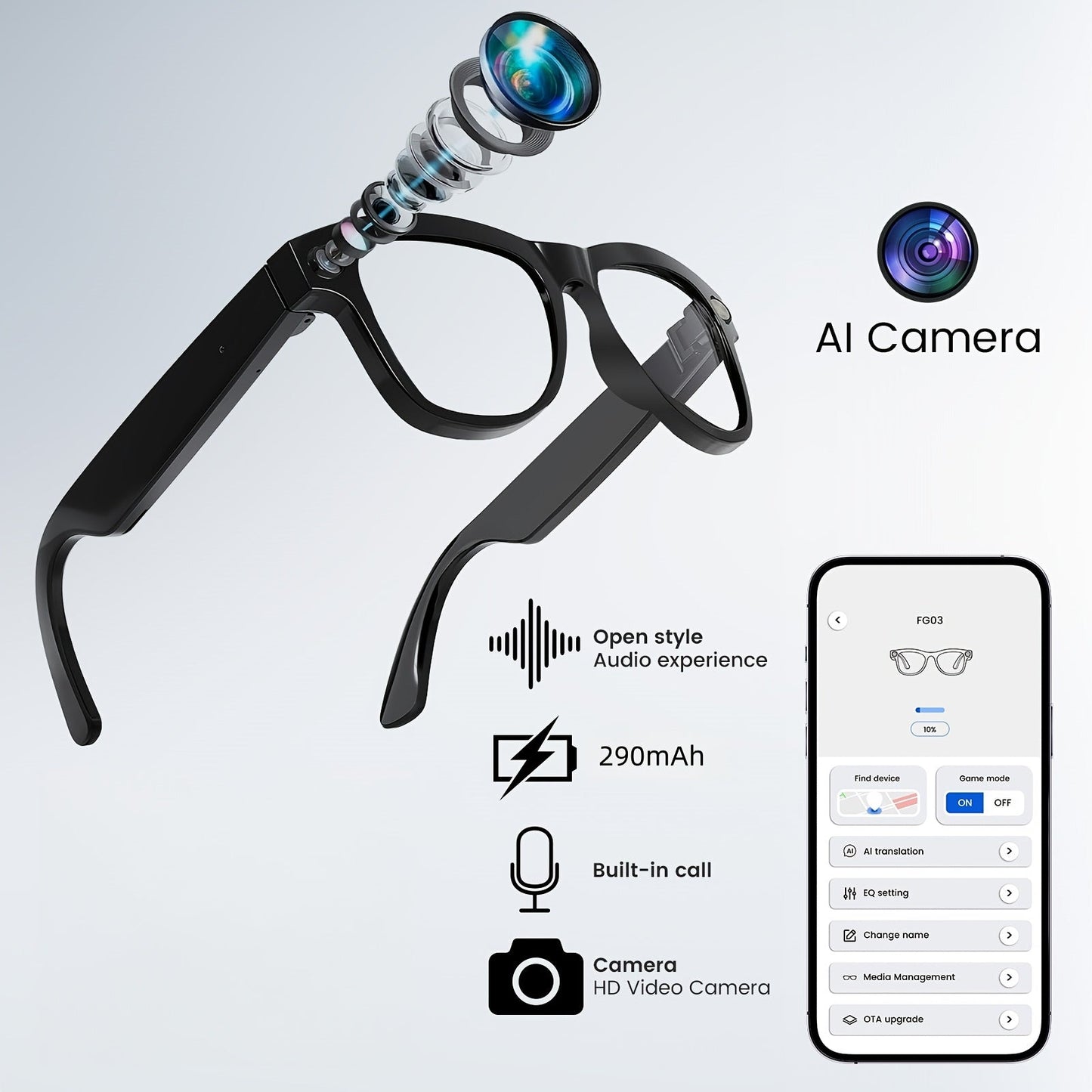 Smart Glasses Dual-Lens POV Camera Eyewear with Open-Ear Audio, Touch Control and Clear or Tinted Lenses