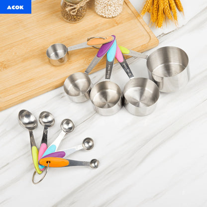 Measuring Cups and Spoons Set 10-Piece Stainless Steel with Silicone Handle, Precise Baking & Cooking Measurement Tools