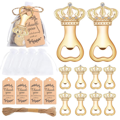 Crown Bottle Opener Wedding Favors, 10 Sets with Organza Bags, Thank You Tags and Twine for Bridal Showers and Guest Gifts