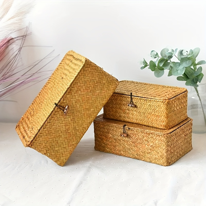 Rattan Storage Baskets Set of 3 with Lattice Lids and Label Holders in Graduated Sizes for Home Organization