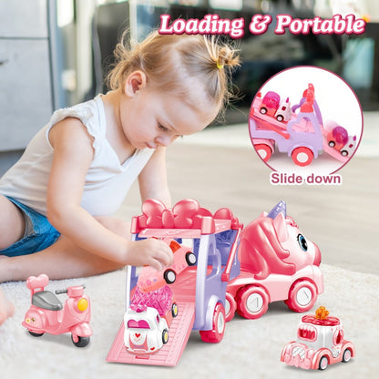 Pink Carrier Truck Toy with 4 Mini Cars, Music & Lights, Battery Powered Pull-Back Transport Vehicle for Girls Boys Ages 3+