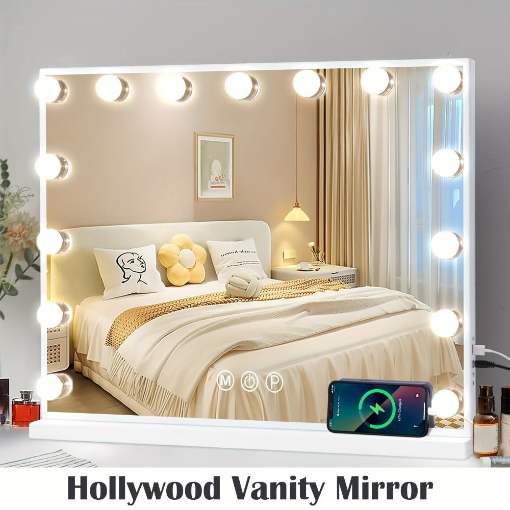 Hollywood Vanity Mirror with 15 Dimmable Bulbs, 23 x 18 Inch Frame, Three Light Colors and USB Port