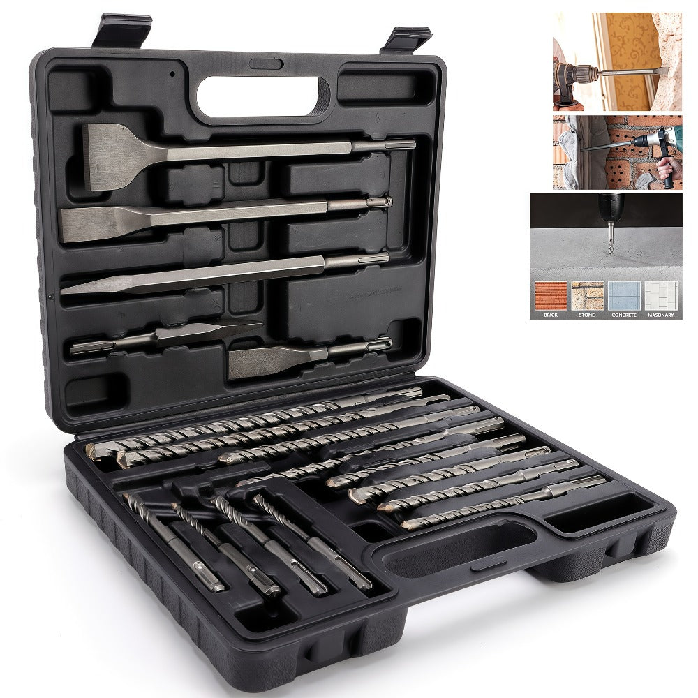 17-Piece SDS Plus Drill Bit Set with 40CR-Labeled Masonry Bits, Four Chisels and Fitted Carry Case