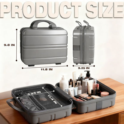 Hard Shell Makeup Travel Case Waterproof Pressure-Proof Portable Cosmetic Suitcase with Elastic Band Luggage Attachment Carry-On Organizer
