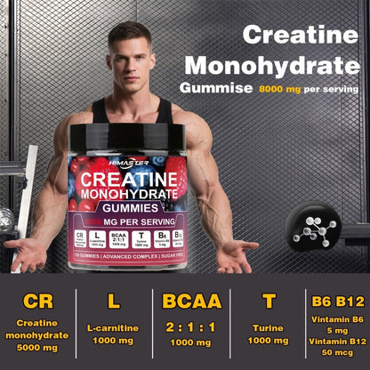 Creatine Monohydrate Gummies 8000mg Blueberry Flavor, with L-Taurine, BCAA, Vitamin B6 & B12